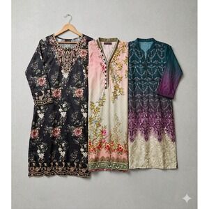 Bundle of 3 Womens Size Medium Kurtas Embroidery Beading Floral Tunic Kurta